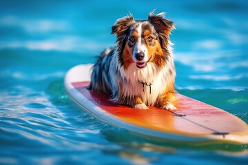 Image of a happy Australian shepherd surfing on a surfboard at the beach on a sunny day.