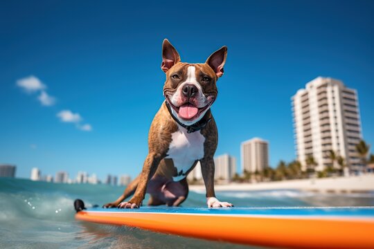 Image of a happy American Staffordshire terrier surfing on a surfboard at the Miami beach on a sunny day.