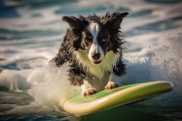 Image of a happy border collie surfing on a surfboard at the beach on a sunny day.
