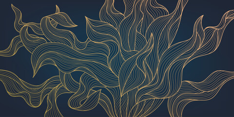 Vector golden leaves, seaweed, alga botanical modern, art deco wallpaper background pattern. Line design for interior design, textile, texture, poster, package, wrappers, gifts. Luxury. Japanese style © marylia17