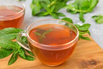 Cup of mint tea on table background. Green tea with fresh mint top view with copy space