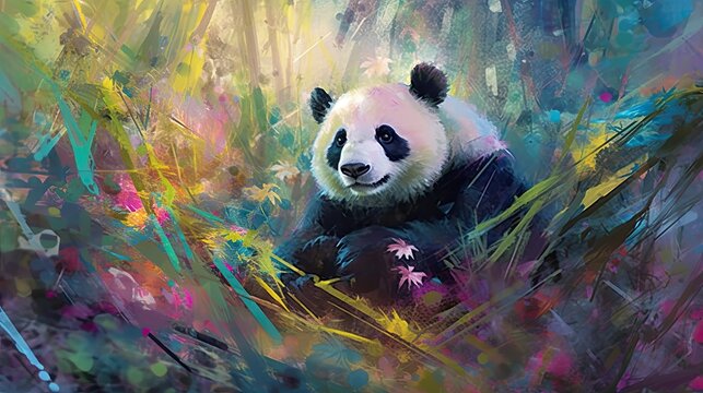 panda nestled among a vibrant watercolor bamboo forest. soft, pastel colors for the bamboo stalks and leaves