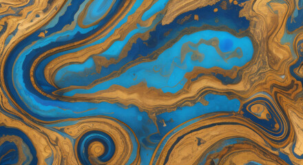 A close up of a painting of blue and gold swirls.