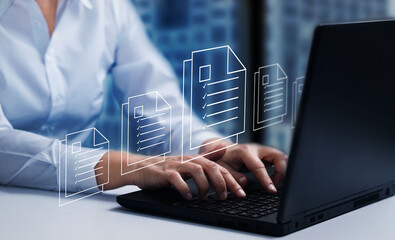 Online documentation database;  document management system concept background on virtual screen.