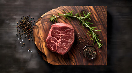 raw beef filet mignon steak adorned with exquisite marbling, resting gracefully on a wooden board. generative AI