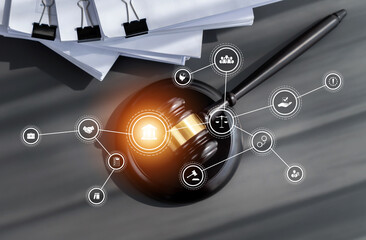 Smart law, legal advice icons and lawyer working tools in the lawyers office showing concept of...