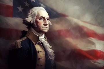 Dramatic George Washington Portrait in Front of American Flag - Character Painting, American Scene, Solid Dark Background, Cinematic Pose, Generated AI