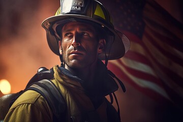 Fototapeta na wymiar Firefighter Wearing Fireman's Helmet in Front of American Flag | Brave and Patriotic, Generated AI