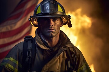 Firefighter Standing in Front of American Flag and Fire | Character Portrait | American Realism , Generated AI