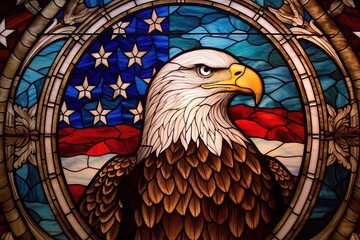 Stained Glass Window with American Eagle and Flag - Patriotic Symbol - Close-Up 