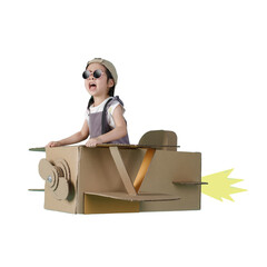 Asian little child girl playing cardboard toy airplane handicraft transparent background png,...