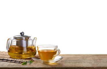 Tea cup with with steaming teapot on the wooden desk with transparent background png, Japanese style