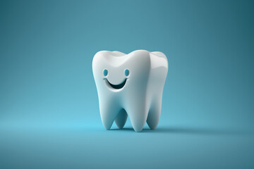 3D realistic happy white tooth. Tooth cartoon characters on the bright background. Healthy cute cartoon tooth character. Colored illustration about health and tooth care. Cleaning and whitening teeth.