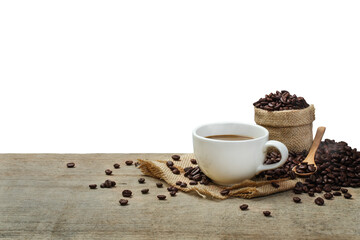 Hot Coffee cup with Coffee beans on the wooden table with transparent background png