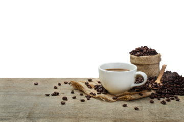 Hot Coffee cup with Coffee beans on the wooden table with transparent background png