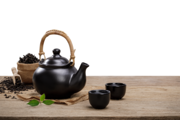 Tea cup with with steaming teapot on the wooden desk with transparent background png, Japanese style