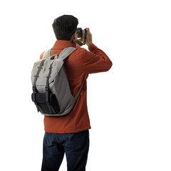 Hipster young asian man with backpack and take a photo with digital camera, transparent background png