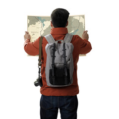 A young traveler man with backpack in look searching direction on location map transparent...