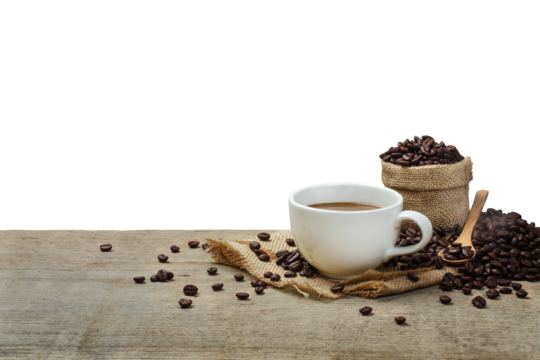 Hot Coffee cup with Coffee beans on the wooden table with transparent background png