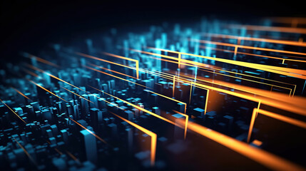 Modern digital abstract 3D background. Can be used in the description of network abilities, technological processes, digital storages, science, education, etc. Copy space. Based on Generative AI
