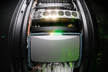 Network equipment in server room. Large switch for LAN in office. Server rack with connection of...