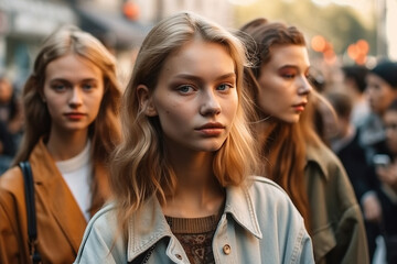 Obraz premium crowd of young women on city street in casual clothes. Feminists defend feminism and women's rights. Generative AI