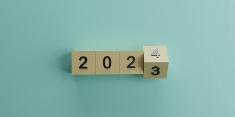 Flipping of 2023 to 2024 on 3D Rendering block cube for preparation new year change and start new business target strategy concept.