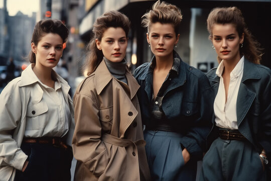 group of female models in fashionable clothes in retro style of the 1990s on city street. Vintage fashion. Generative AI