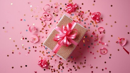 Obraz premium Gift or present box and stars confetti on pink table Generative AI