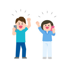 スマートフォンを構えて声を上げる男女.