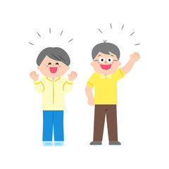 手を上げて喜ぶ祖父母.