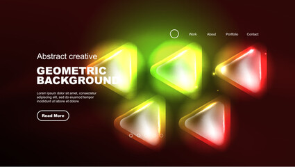 Abstract background landing page, geometric shape illuminated with glowing neon light on dark background. Futuristic city lights concept