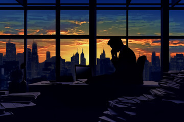 businessman stress at work with silhouette at the office with city background, generative AI
