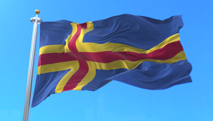Aland Islands Flag waving at wind. 3d render - obrazy, fototapety, plakaty