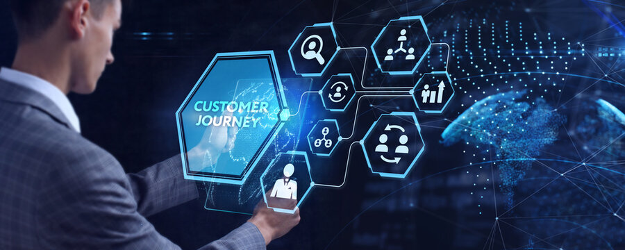 Inscription Customer journey on the virtual display. Business Technology Internet and network concept.