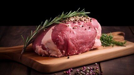 A raw leg of lamb on a wooden chopping  Generative AI