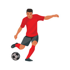 Fototapeta na wymiar Chinese football player in a red sports uniform is going to kick the ball with his foot