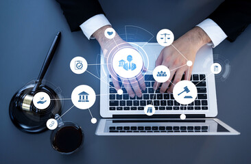 Smart law, legal advice icons and lawyer working tools in the lawyers office showing concept of...