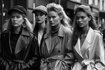 fashionable model girls pose in stylish clothes on city street. Vintage retro fashion of the 1980s. Generative AI - obrazy, fototapety, plakaty