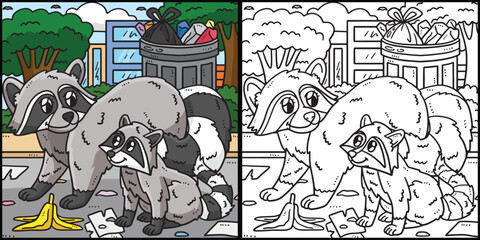 Mother Racoon Baby Racoon Coloring Illustration