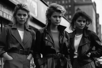 group of fashionable model girls posing in stylish clothes on city street. Vintage retro fashion of 1980s. Generative AI - obrazy, fototapety, plakaty