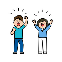 手を上げて喜ぶ男女.