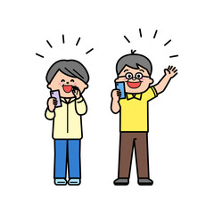 スマートフォンを構えて声を上げる祖父母.