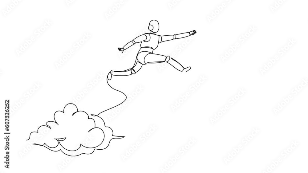 Poster animated self drawing of continuous one line draw robot jump over clouds to reach success, target. t