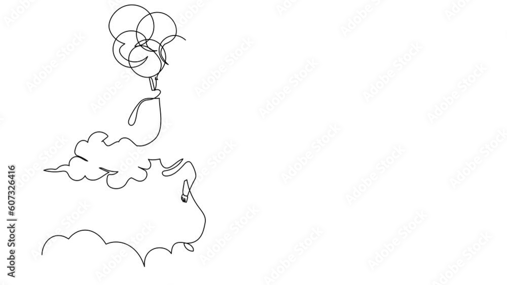 Poster animated self drawing of continuous line draw arabian businesswoman floating with flying balloon thr