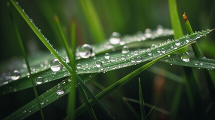 Close up of water droplets on blades of grass Generative AI