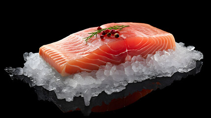 close-up image showcasing a fresh, raw salmon fillet delicately arranged on a bed of ice. Generative AI