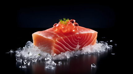 stunning close-up image showcasing a fresh, raw salmon fillet delicately arranged on a bed of ice. Generative AI