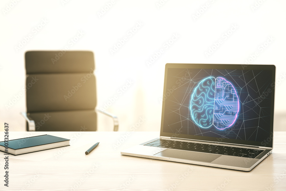 Poster modern computer monitor with creative artificial intelligence symbol. neural networks and machine le