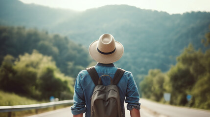 Fototapeta na wymiar Young man in hat with backpack with his back to the camera standing on an empty open road looking at mountains green valley. Freedom wanderlust adventure traveling concept